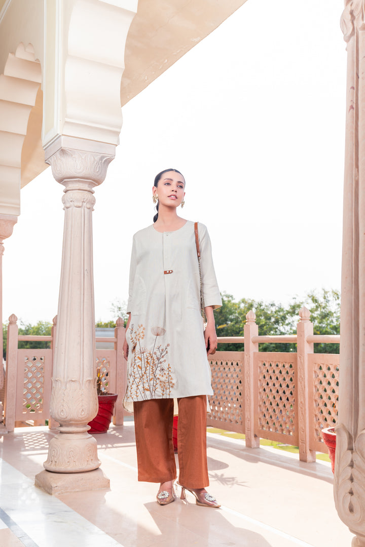 Beige Cotton Embroidered Loose Fit Stylish Co-Ord Set