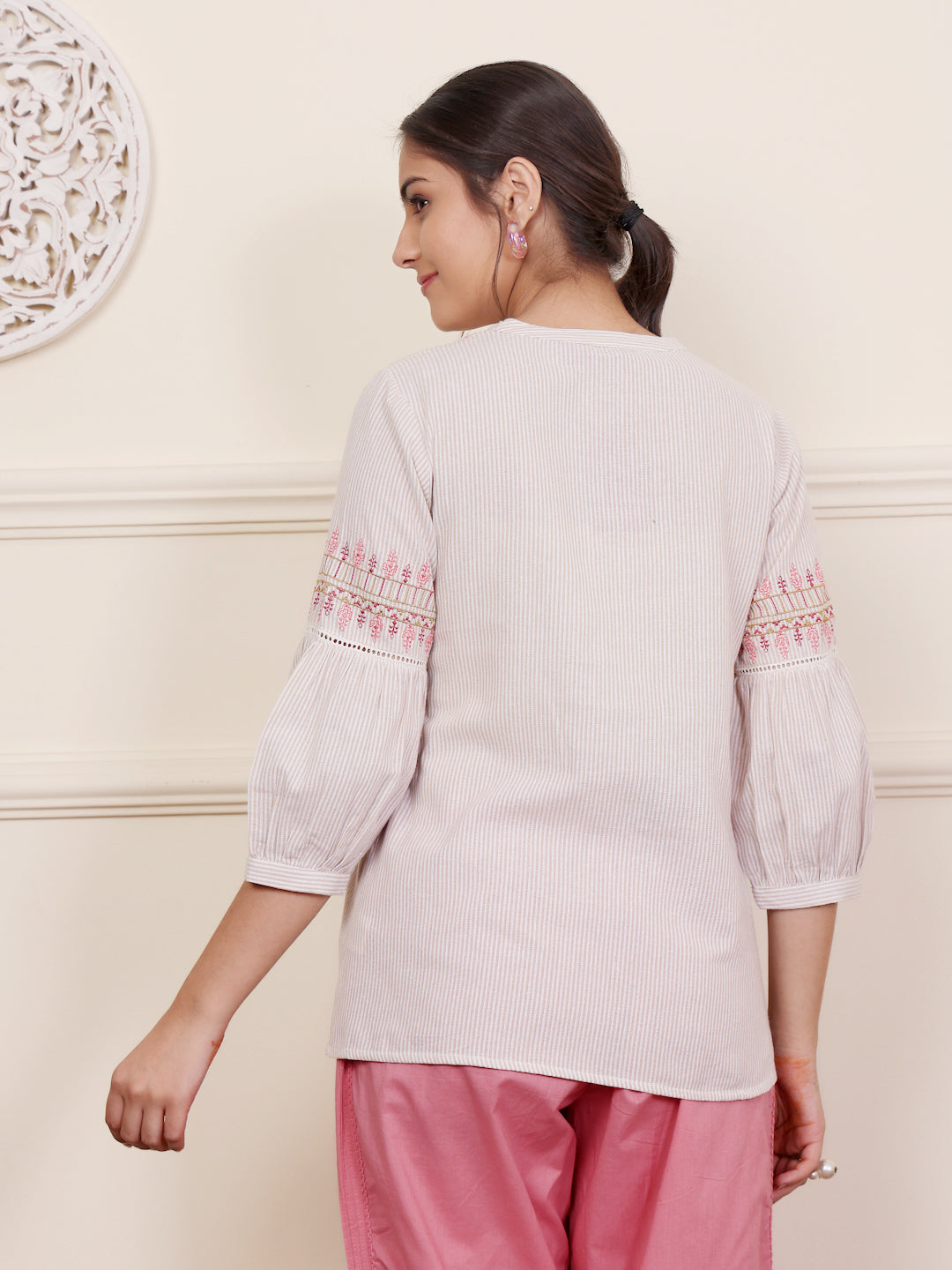 Beige Yarn Dyed Embroidered Top