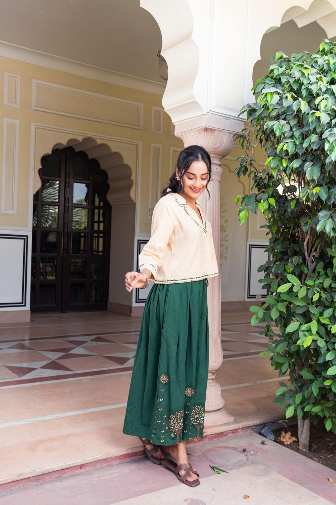 Beige & Green Cotton Embroidered Designer Co-Ord Set