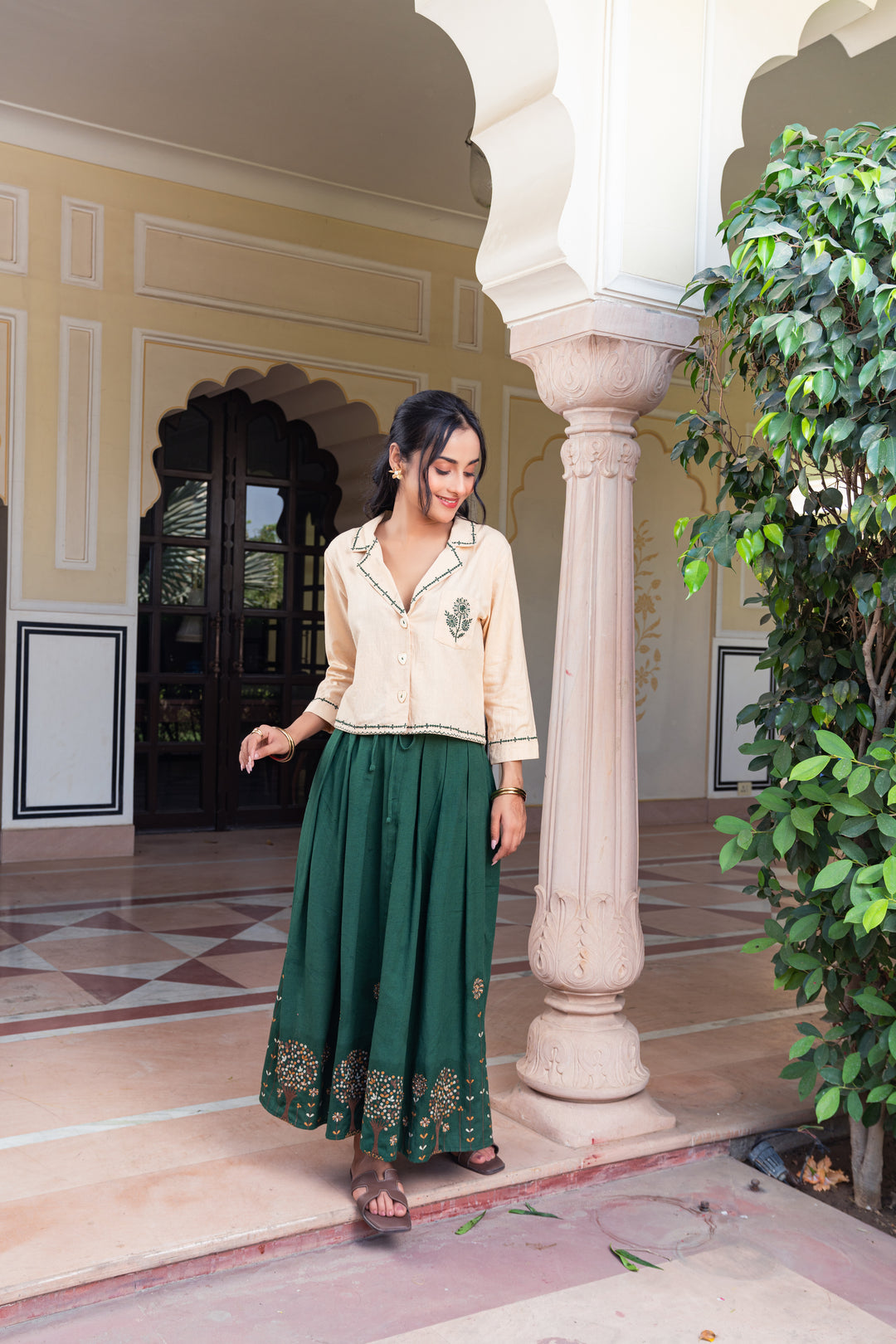 Beige & Green Cotton Embroidered Designer Co-Ord Set