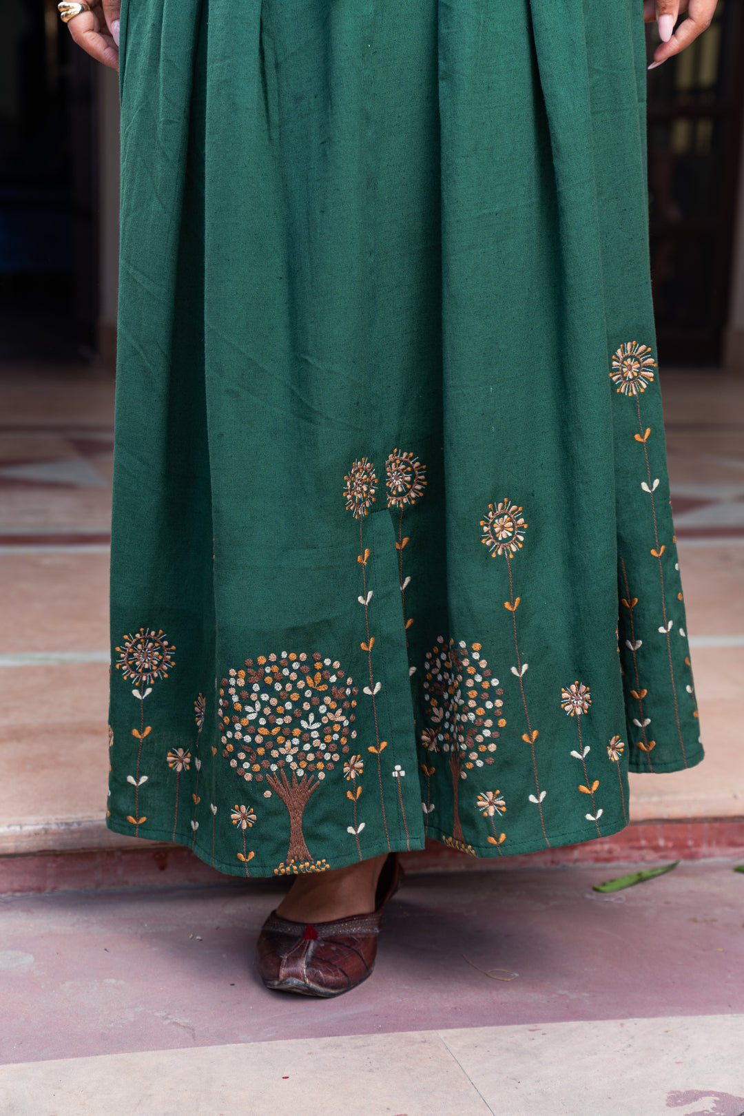 Beige & Green Cotton Embroidered Designer Co-Ord Set