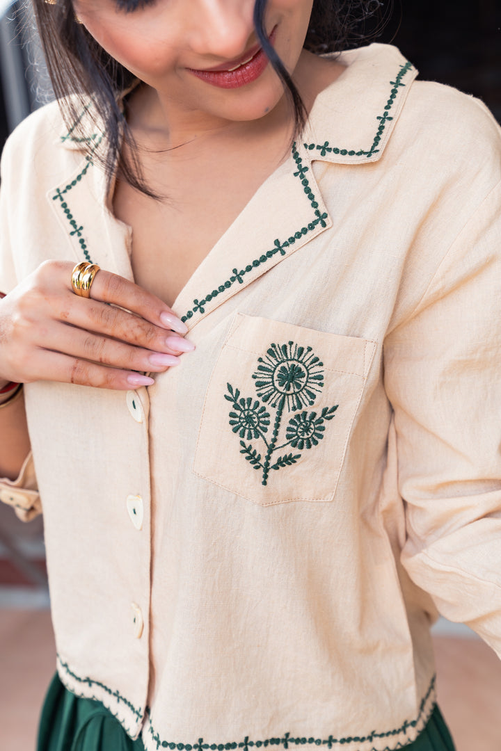 Beige & Green Cotton Embroidered Designer Co-Ord Set