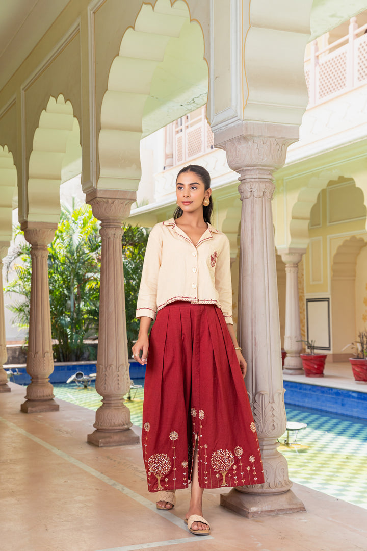 Beige & Maroon Cotton Embroidered Designer Co-ord Set