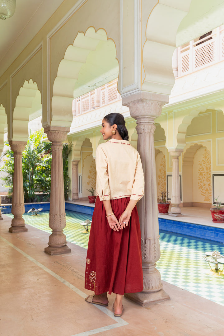 Beige & Maroon Cotton Embroidered Designer Co-ord Set