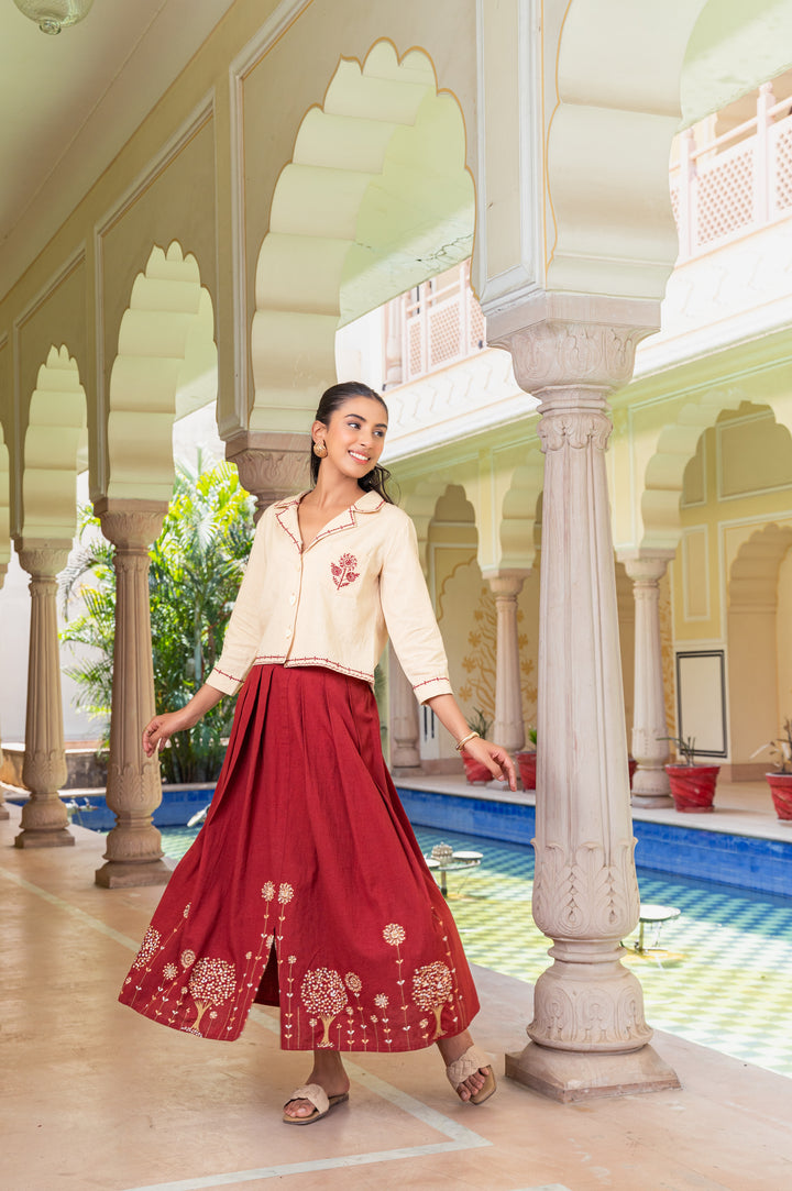 Beige & Maroon Cotton Embroidered Designer Co-ord Set