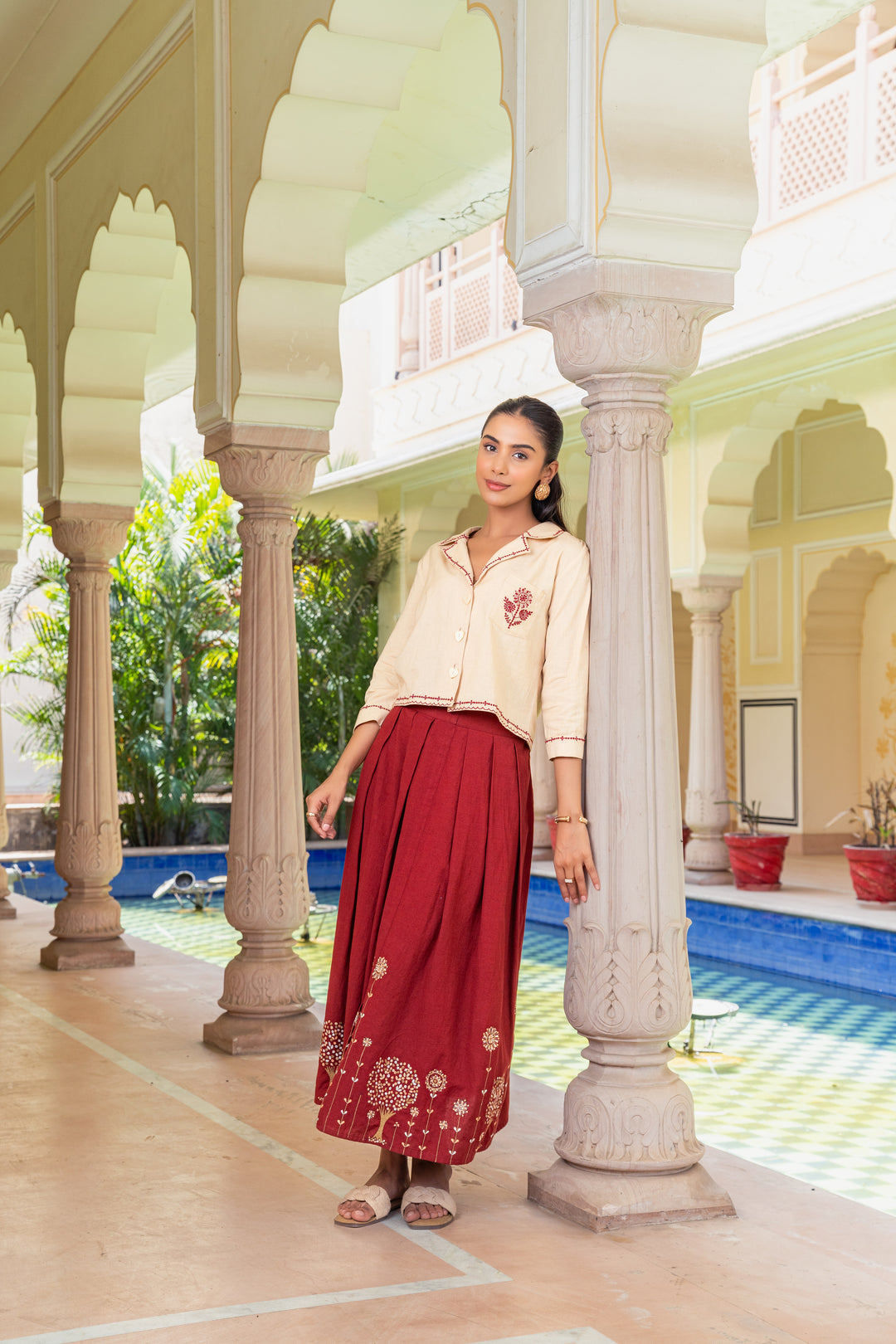 Beige & Maroon Cotton Embroidered Designer Co-ord Set