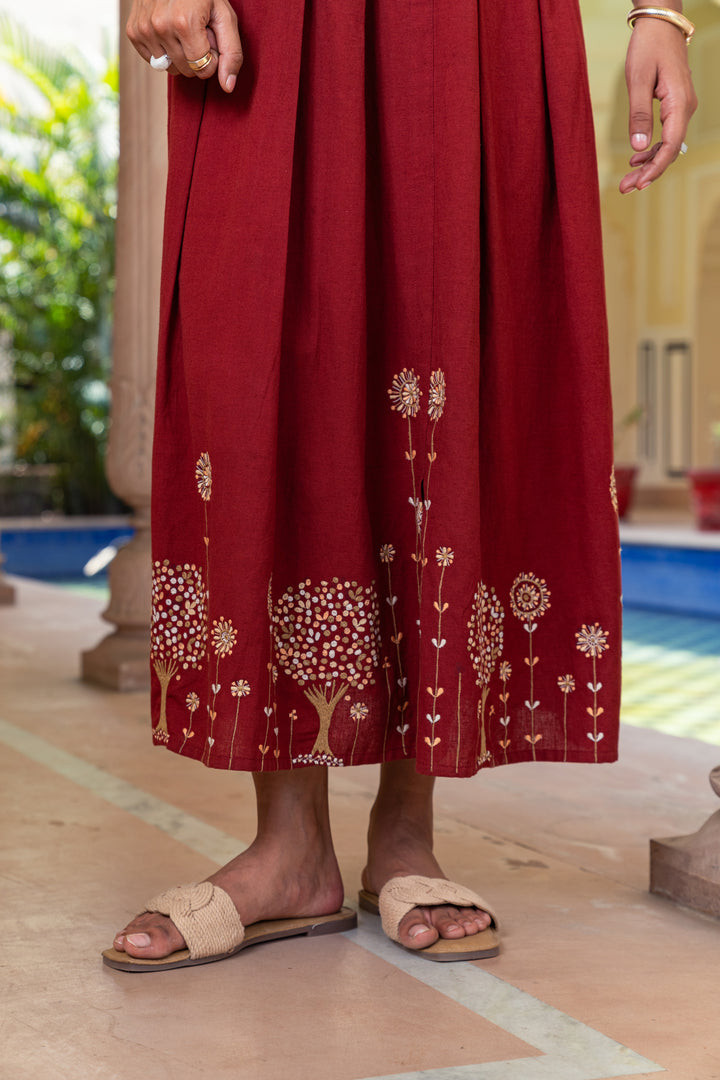 Beige & Maroon Cotton Embroidered Designer Co-ord Set