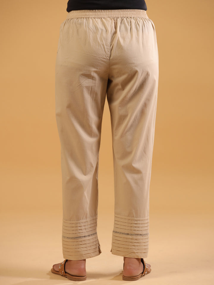 Beige Cotton Pintuck Detailed Pant