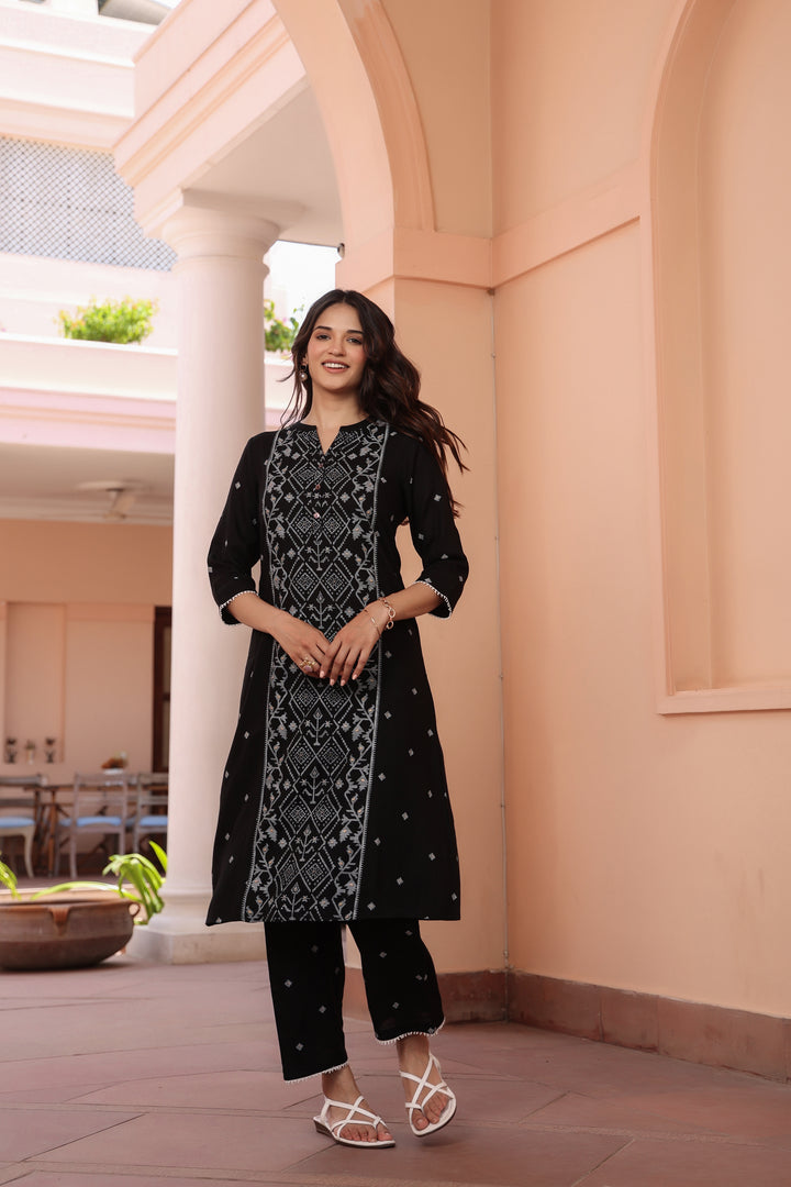 Black Cotton Printed A Line Kurta Pant Set