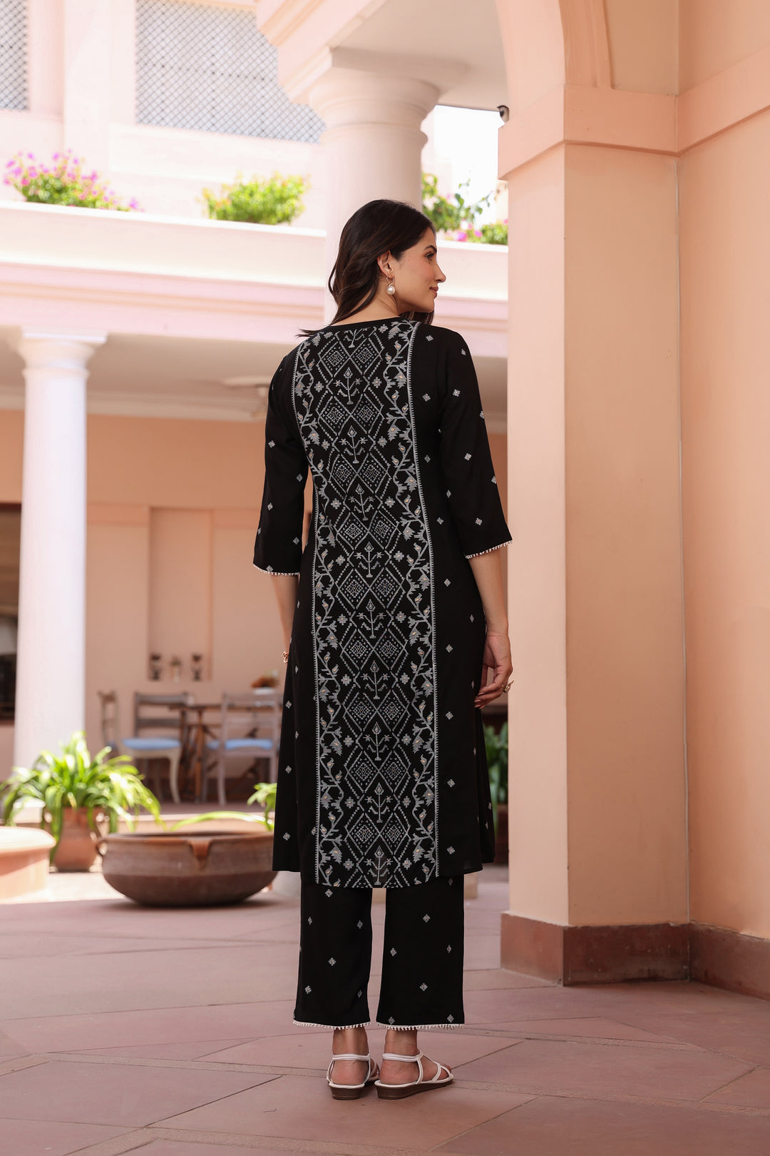 Black Cotton Printed A Line Kurta Pant Set