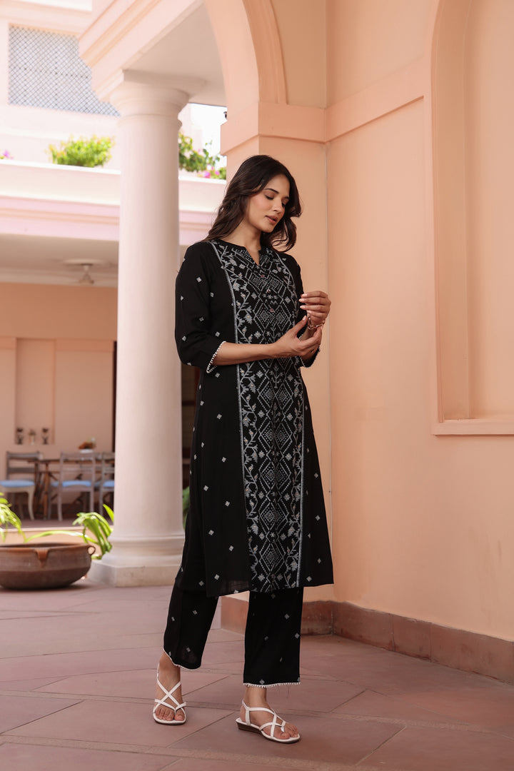 Black Cotton Printed A Line Kurta Pant Set