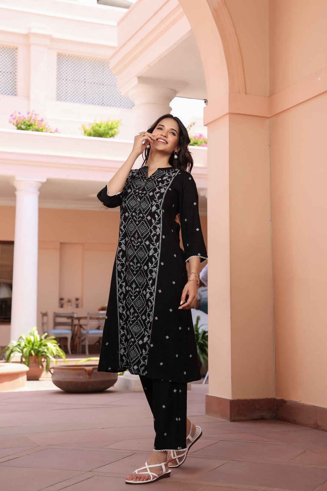 Black Cotton Printed A Line Kurta Pant Set