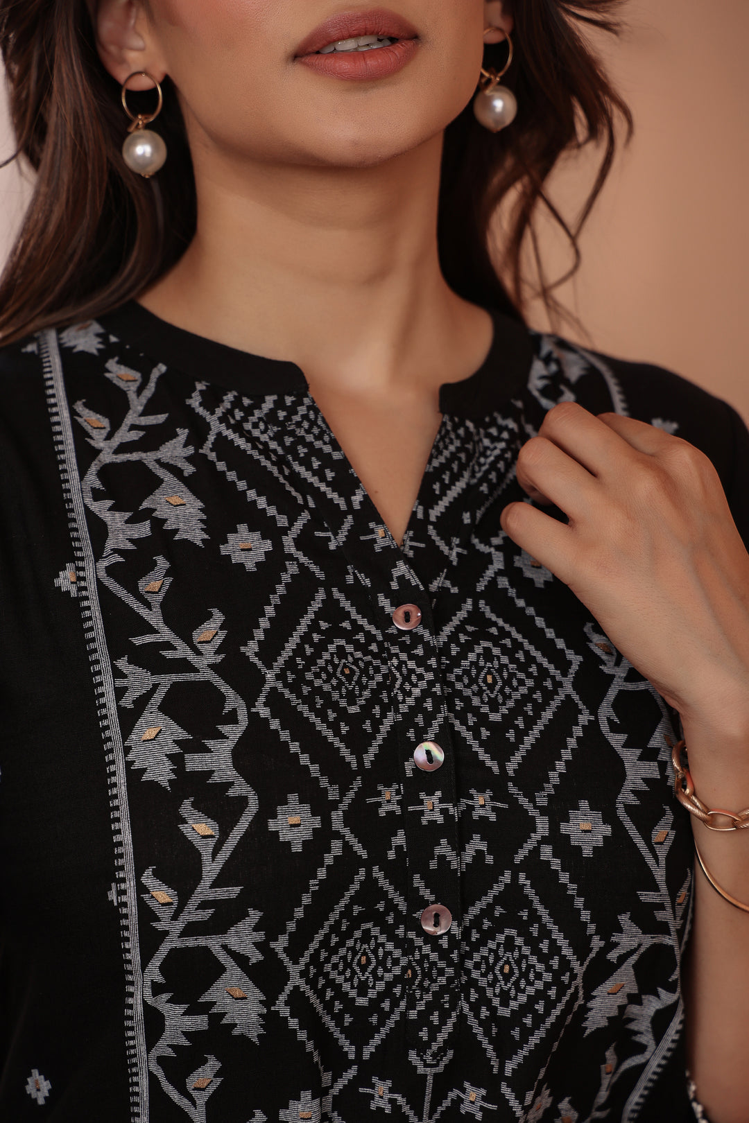 Black Cotton Printed A Line Kurta Pant Set