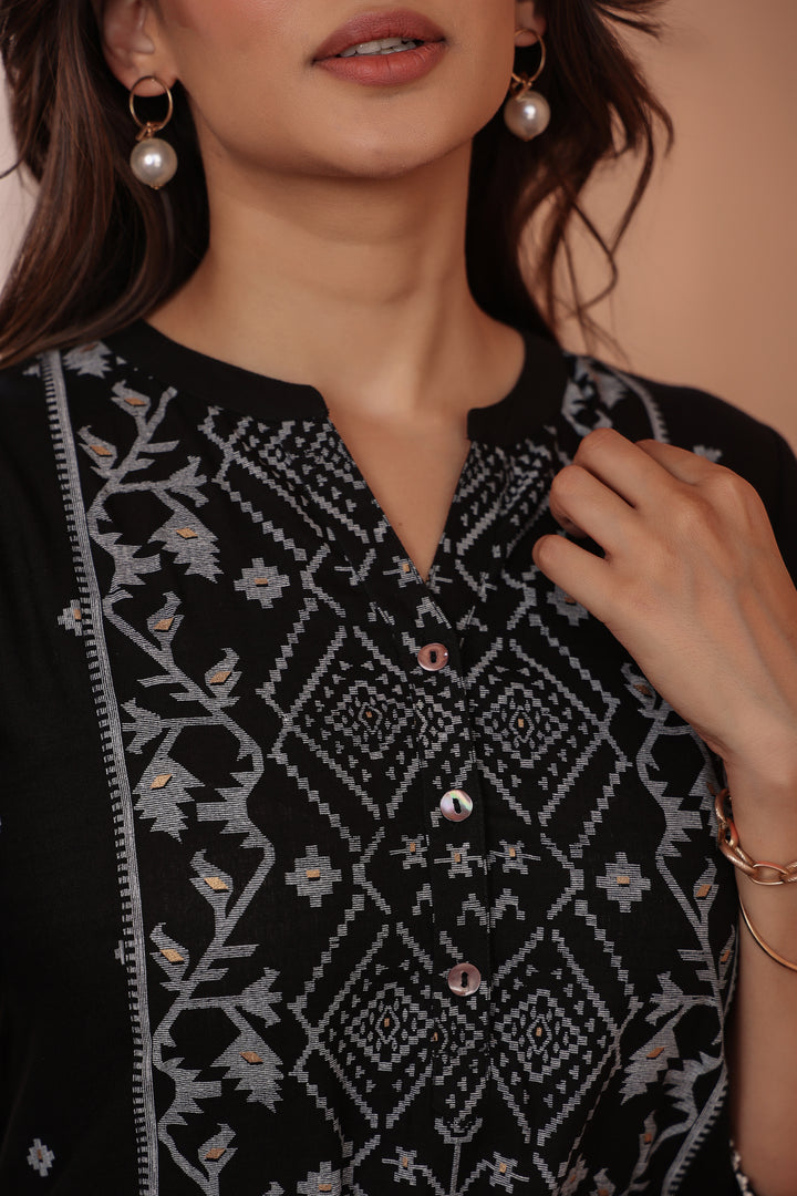 Black Cotton Printed A Line Kurta Pant Set