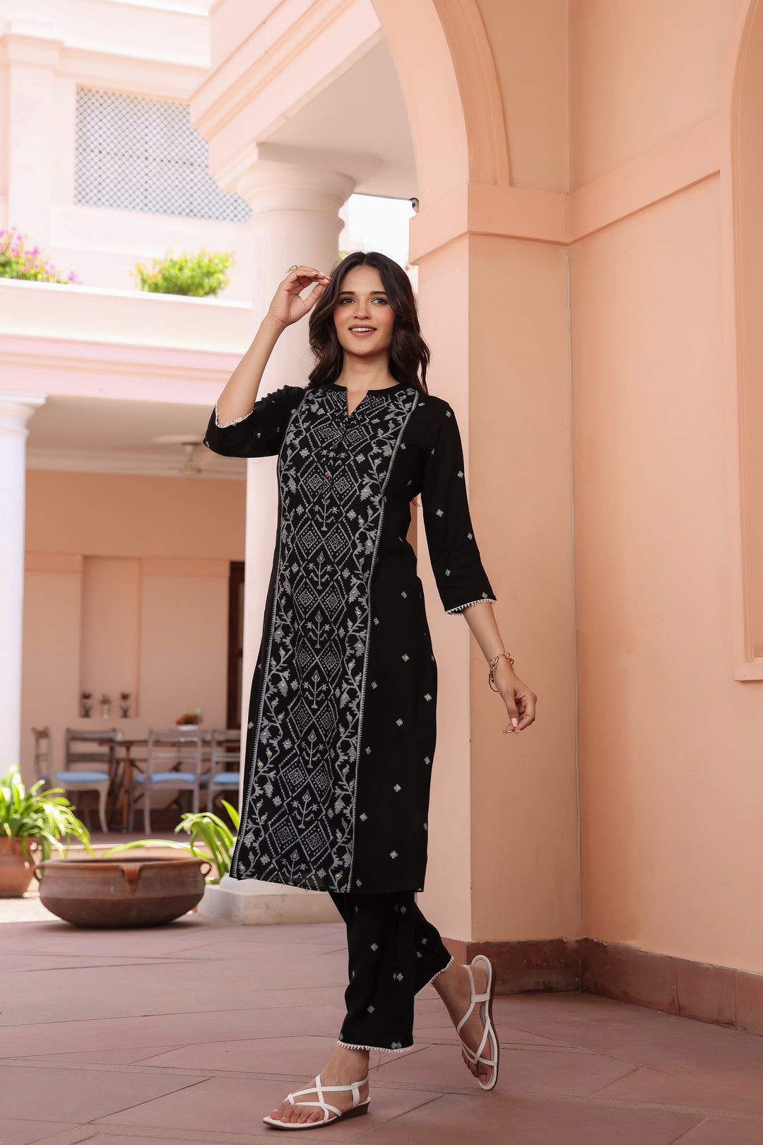 Black Cotton Printed A Line Kurta Pant Set