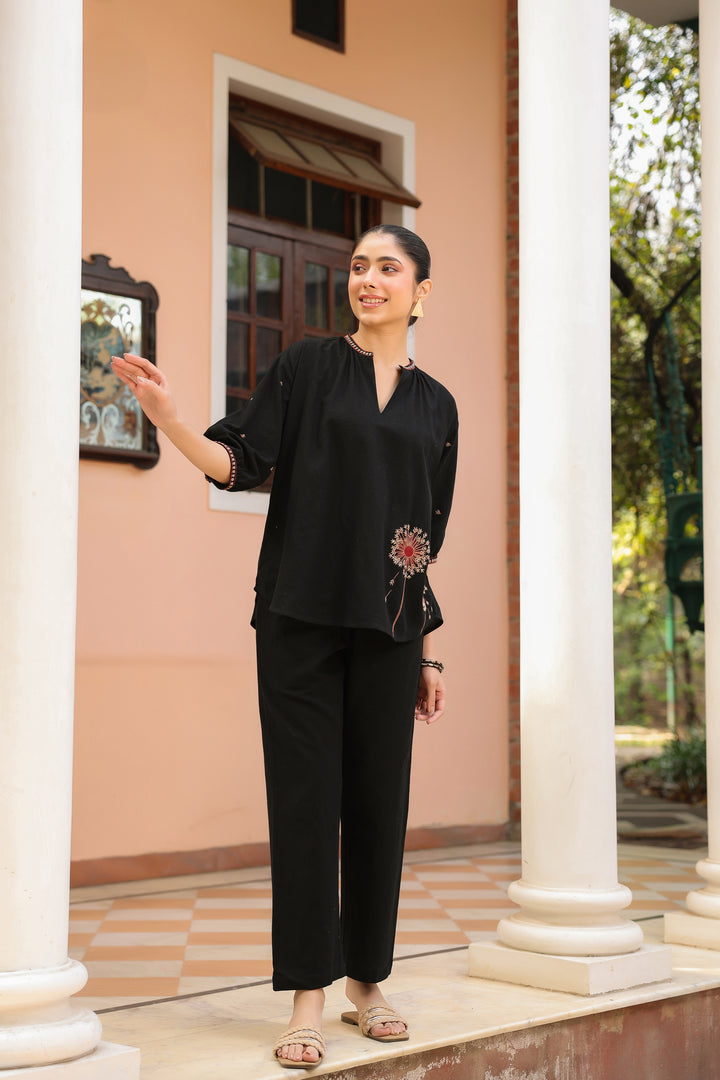 Black Cotton Embroidered Co-Ord Set