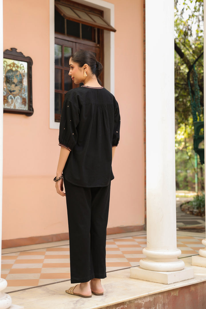 Black Cotton Embroidered Co-Ord Set