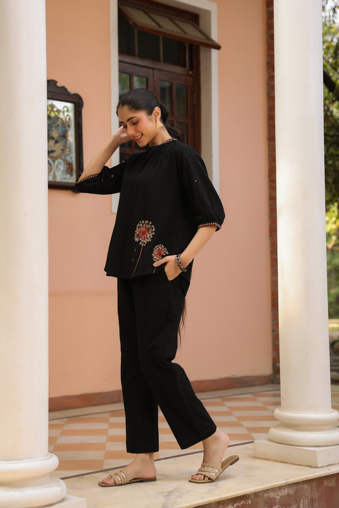 Black Cotton Embroidered Co-Ord Set