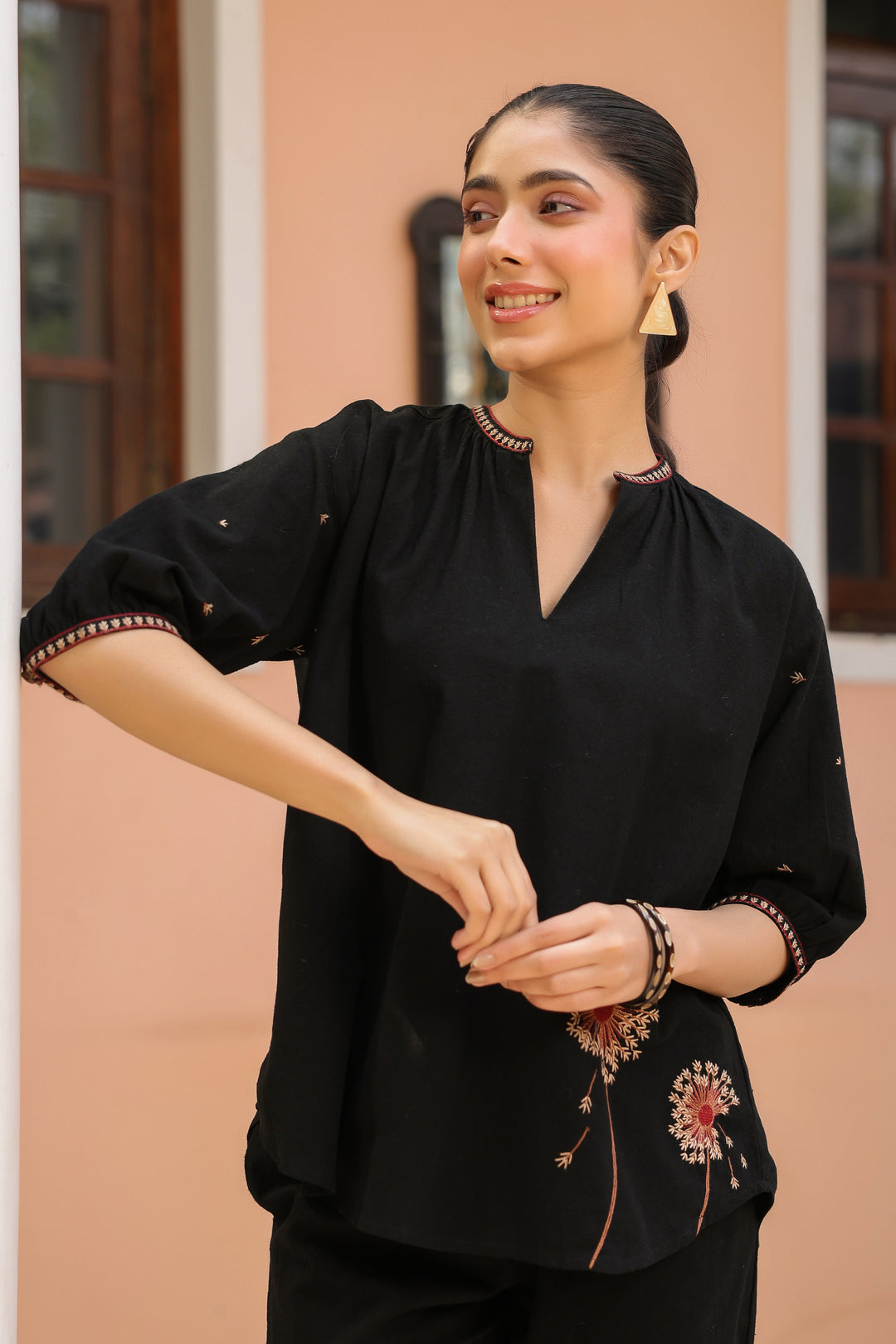 Black Cotton Embroidered Co-Ord Set