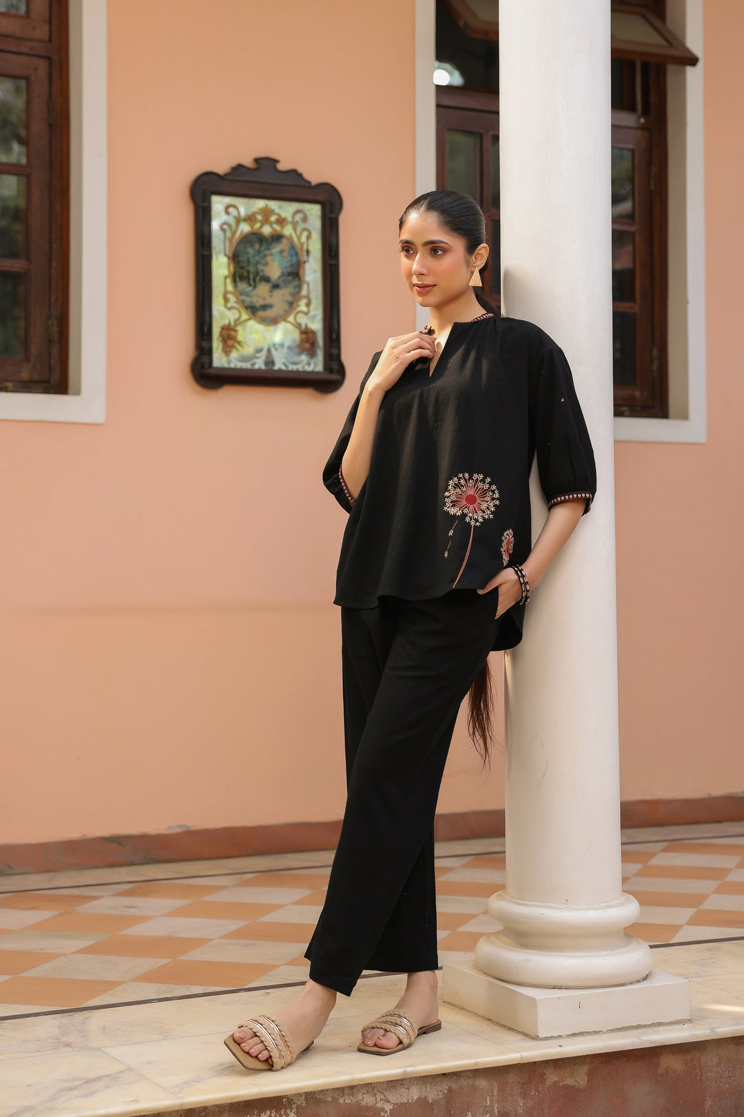 Black Cotton Embroidered Co-Ord Set