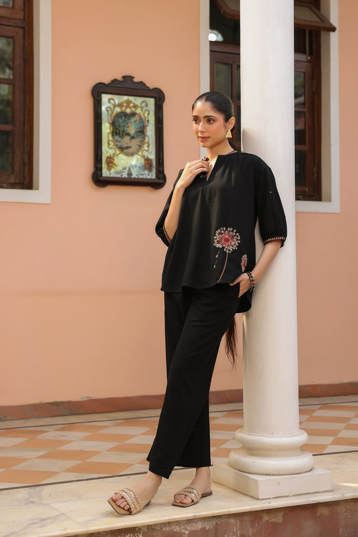 Black Cotton Embroidered Co-Ord Set