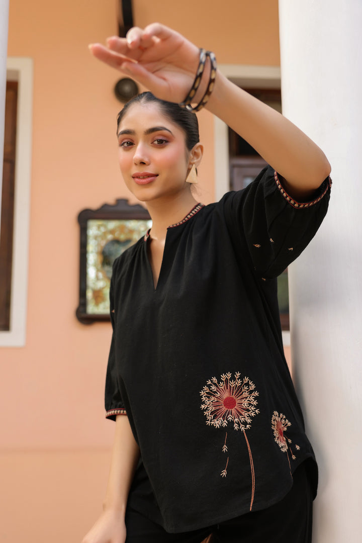 Black Cotton Embroidered Co-Ord Set