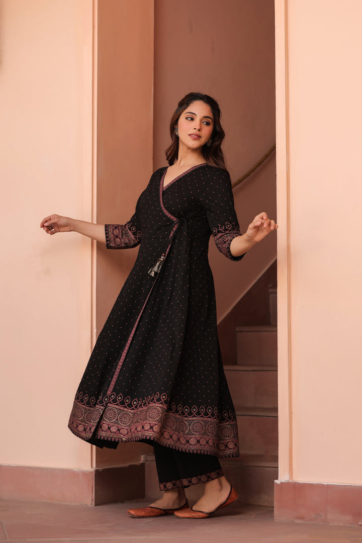 Black Cotton Printed Angrakha Kurta Pant Set