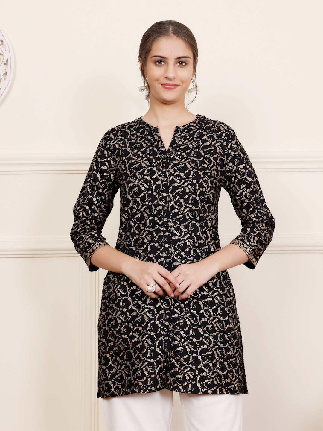 Black Viscose Rayon Printed Short Kurti