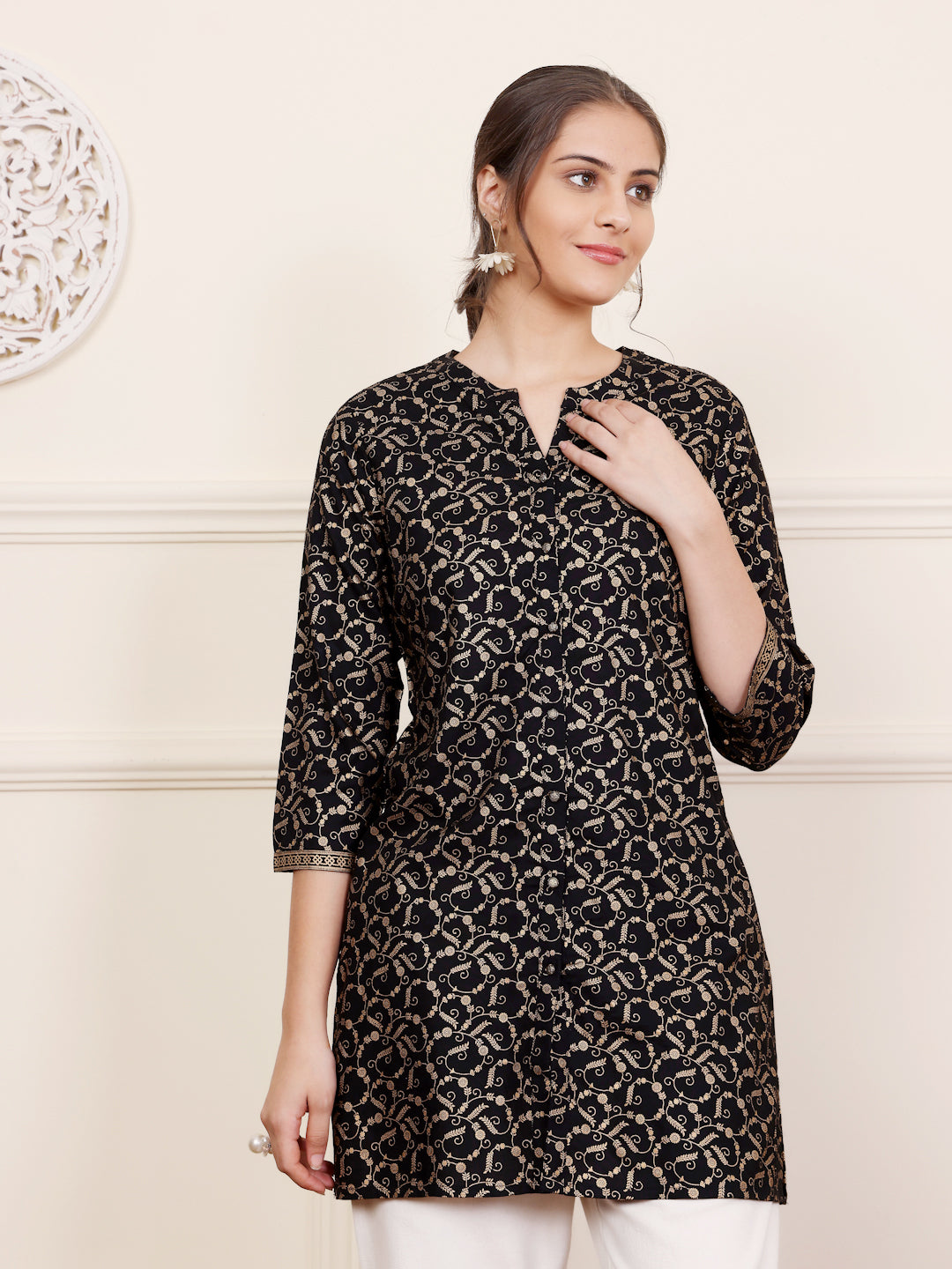 Black Viscose Rayon Printed Short Kurti