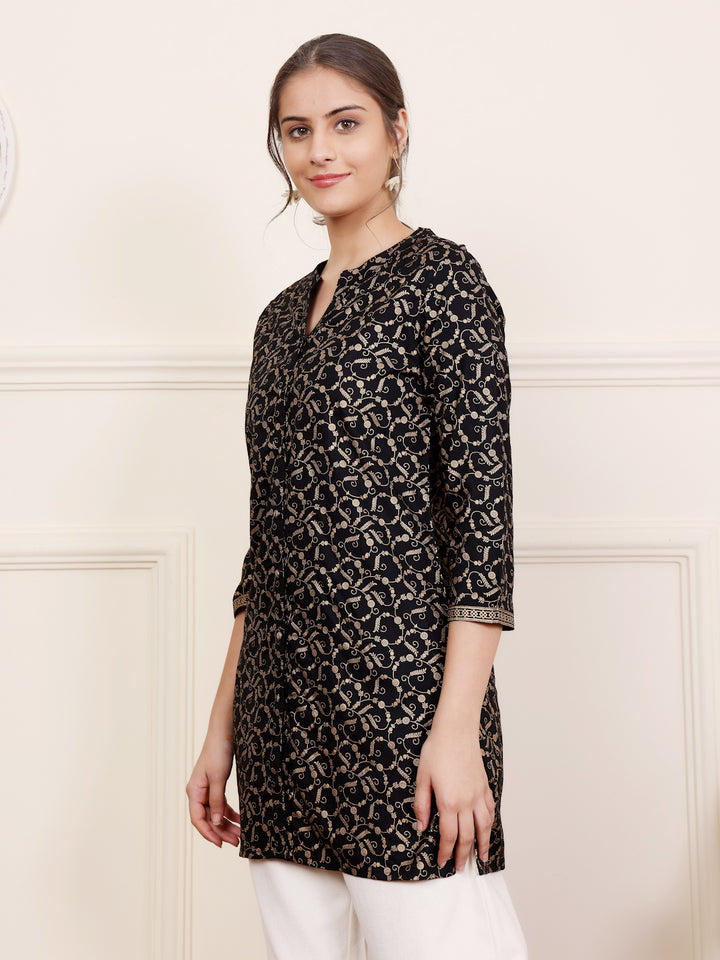 Black Viscose Rayon Printed Short Kurti