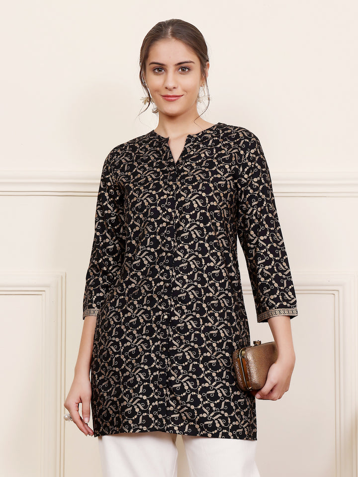 Black Viscose Rayon Printed Short Kurti