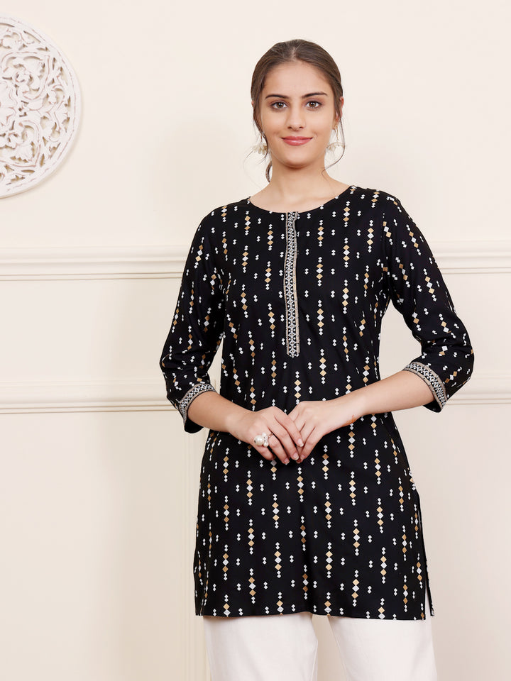 Black Viscose Printed Tunic Top