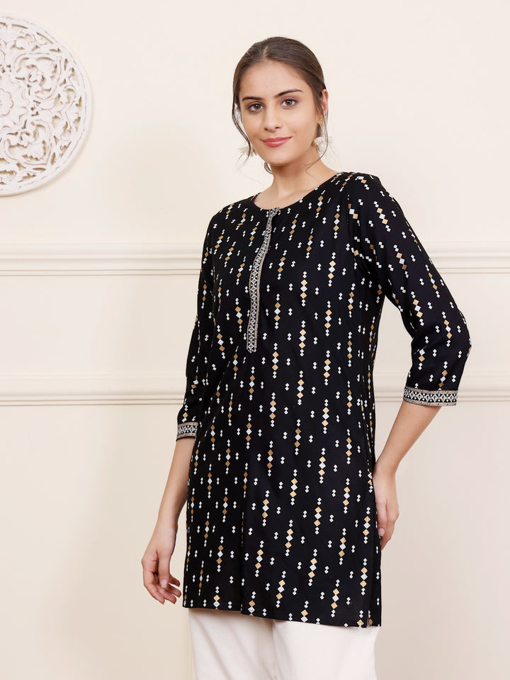 Black Viscose Printed Tunic Top