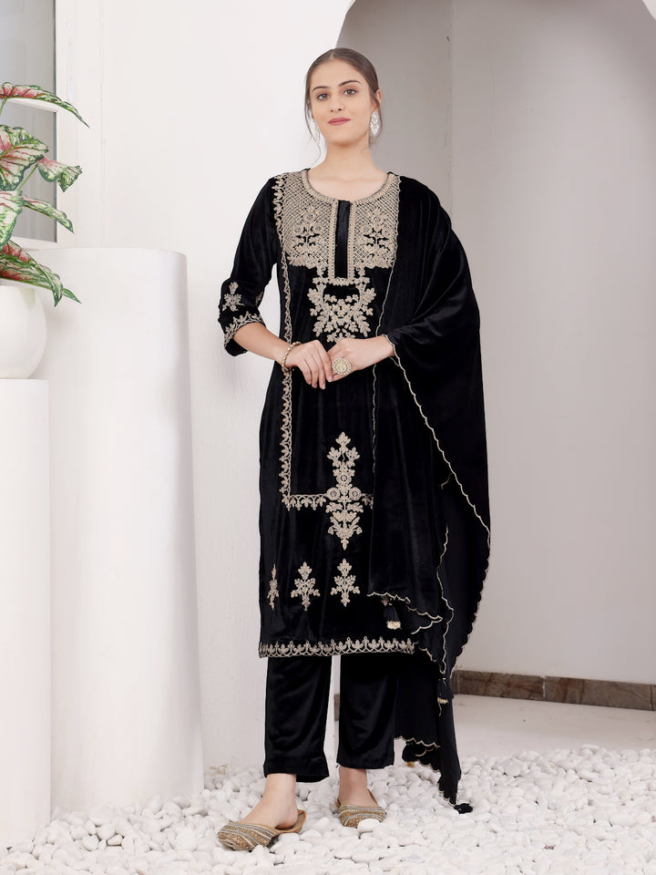 Black Velvet Embroidered Kurta Pant Set With Dupatta