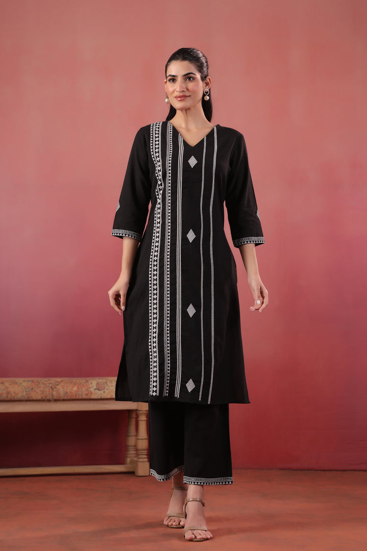 Black Cotton Embroidered Kurta Pant Set