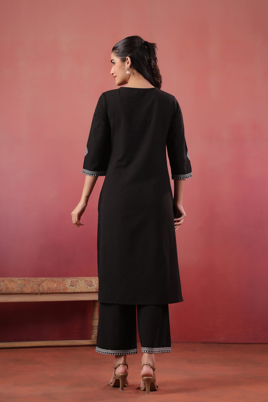 Black Cotton Embroidered Kurta Pant Set
