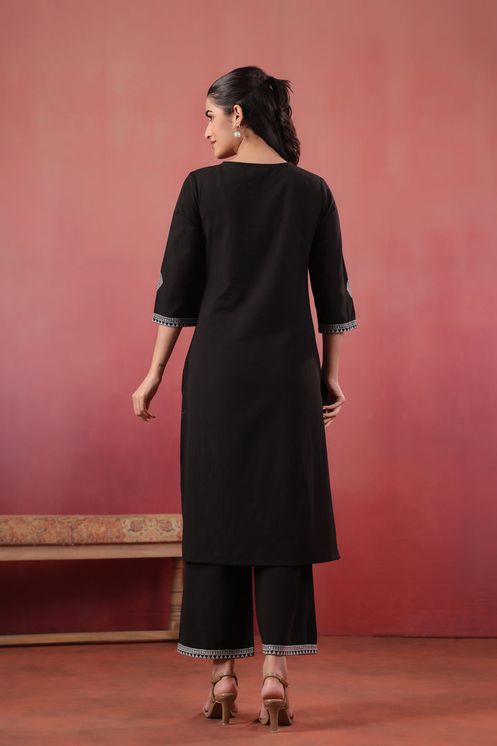 Black Cotton Embroidered Kurta Pant Set