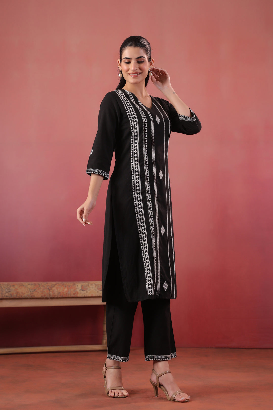 Black Cotton Embroidered Kurta Pant Set