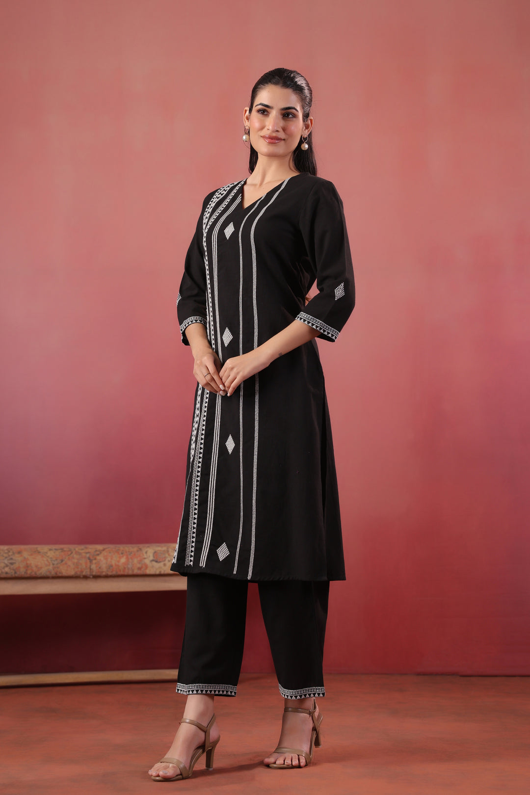Black Cotton Embroidered Kurta Pant Set