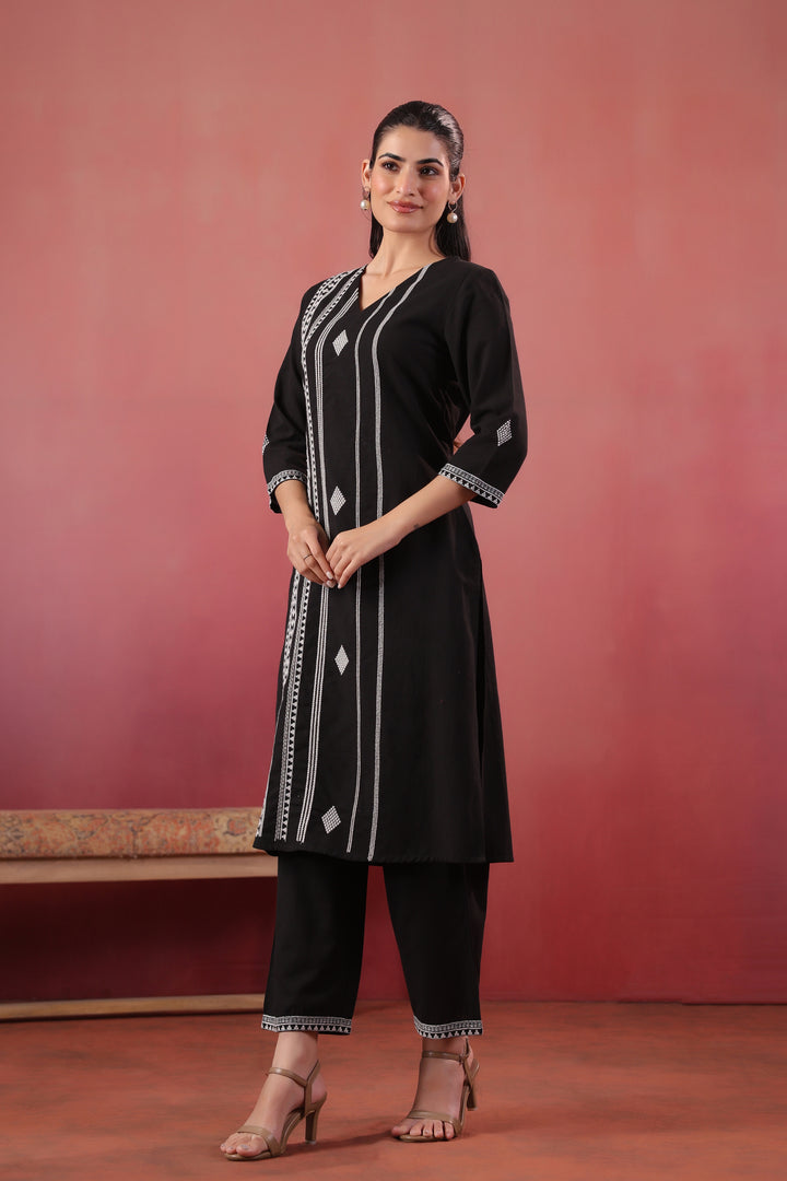 Black Cotton Embroidered Kurta Pant Set