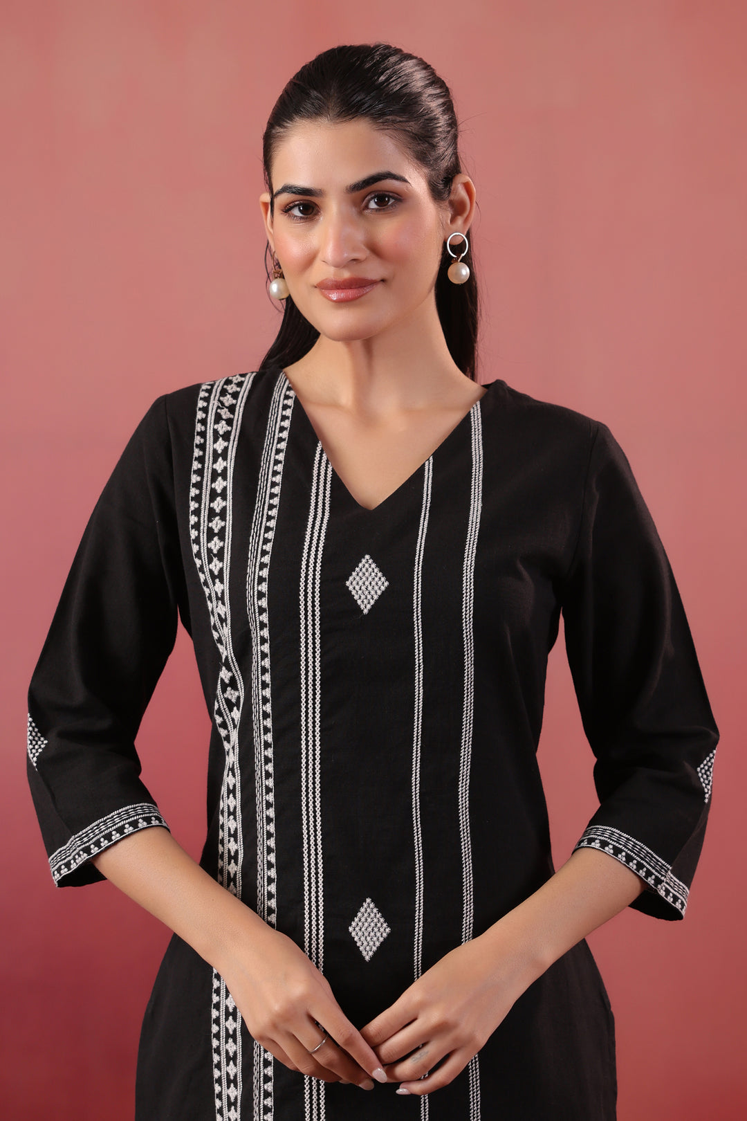 Black Cotton Embroidered Kurta Pant Set