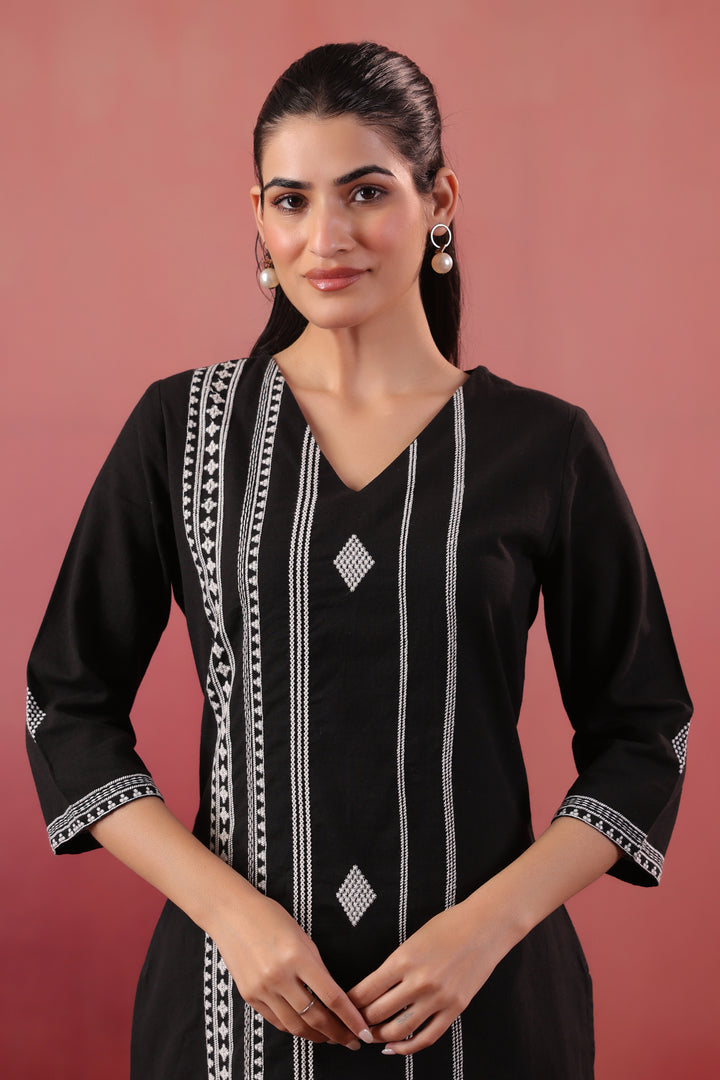 Black Cotton Embroidered Kurta Pant Set