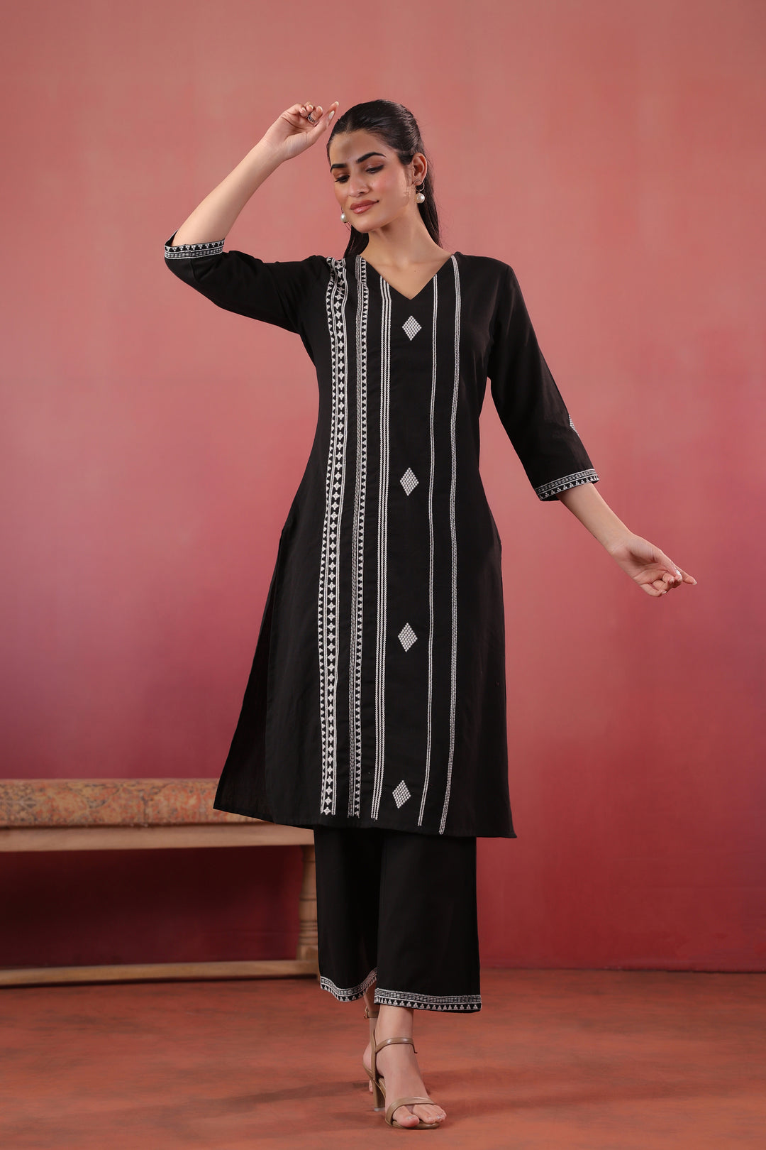Black Cotton Embroidered Kurta Pant Set