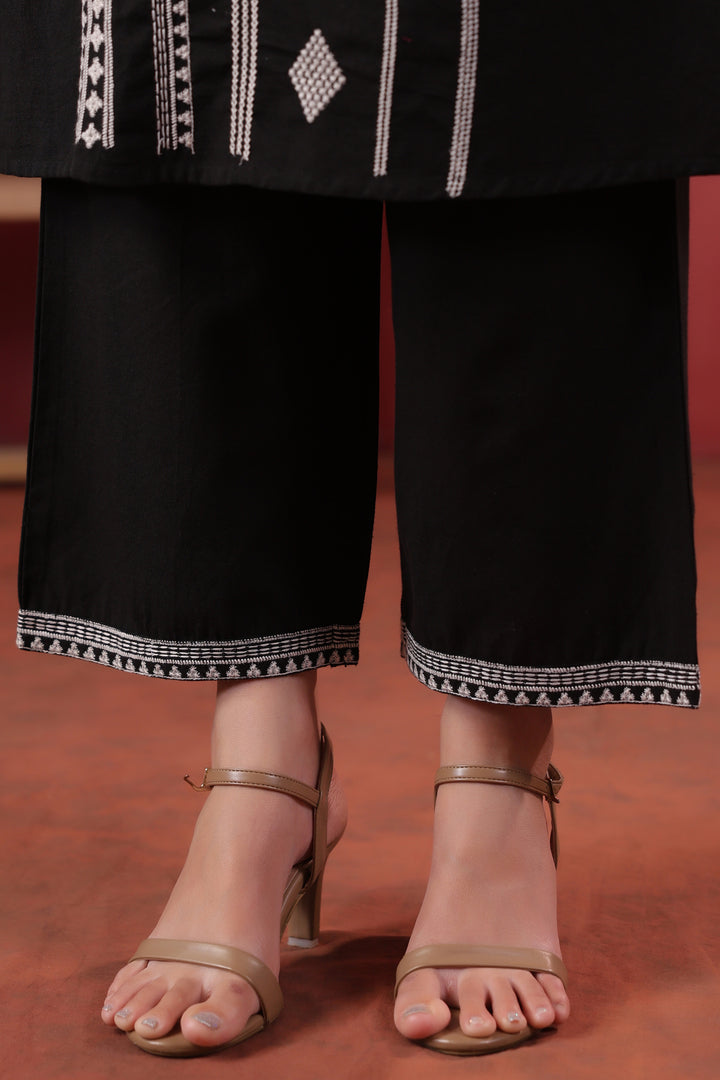 Black Cotton Embroidered Kurta Pant Set