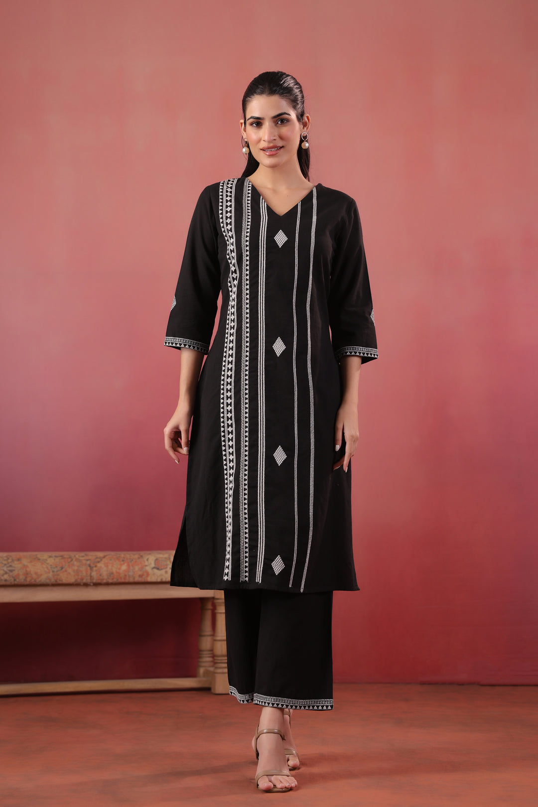 Black Cotton Embroidered Kurta Pant Set