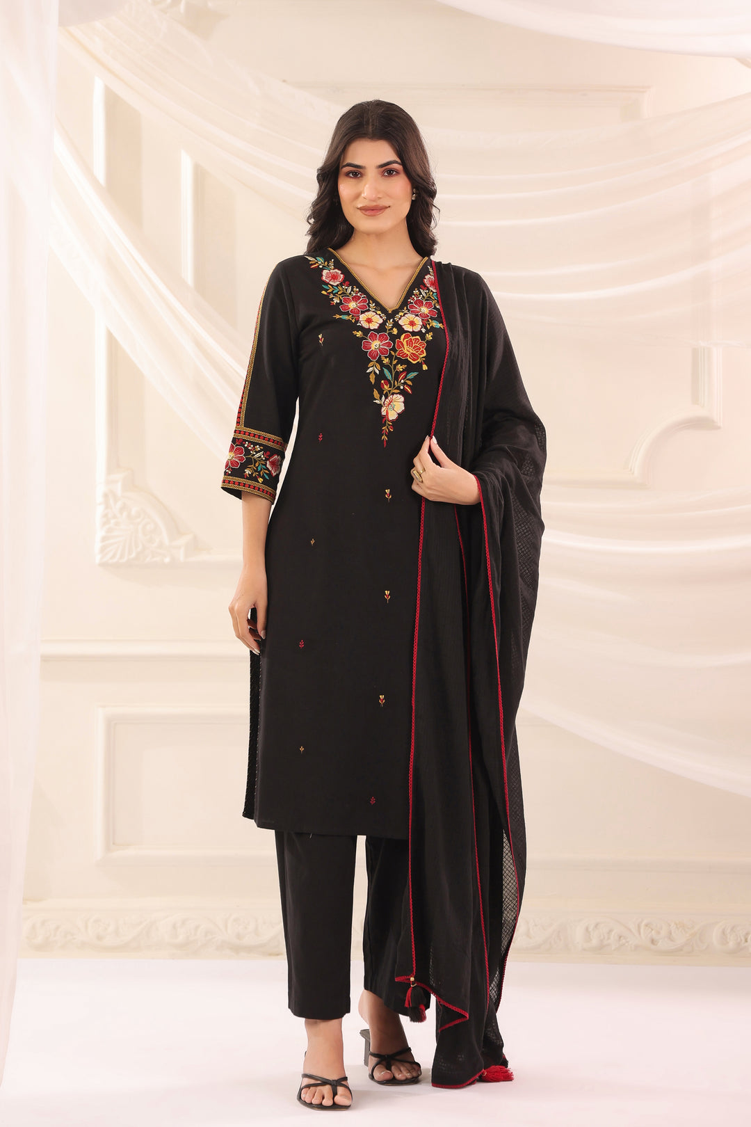 Black Cotton Flex Embroidered Designer Kurta Pant With Dupatta Set
