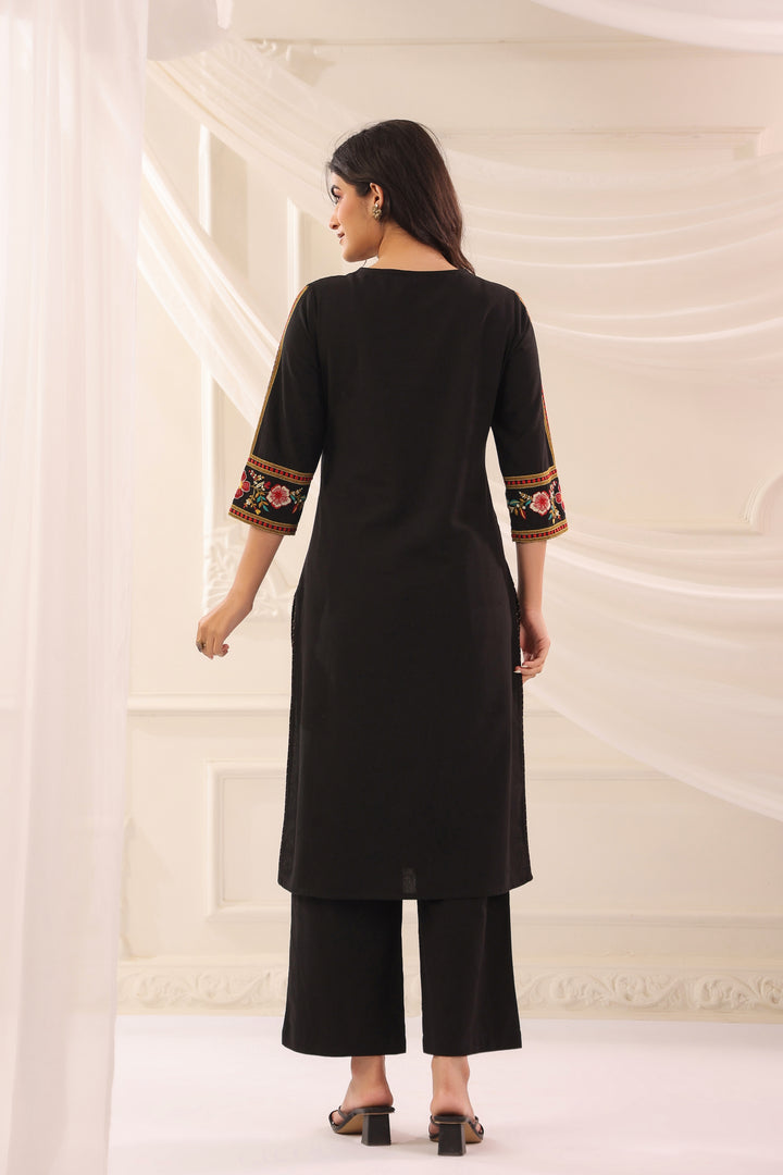 Black Cotton Flex Embroidered Designer Kurta Pant With Dupatta Set