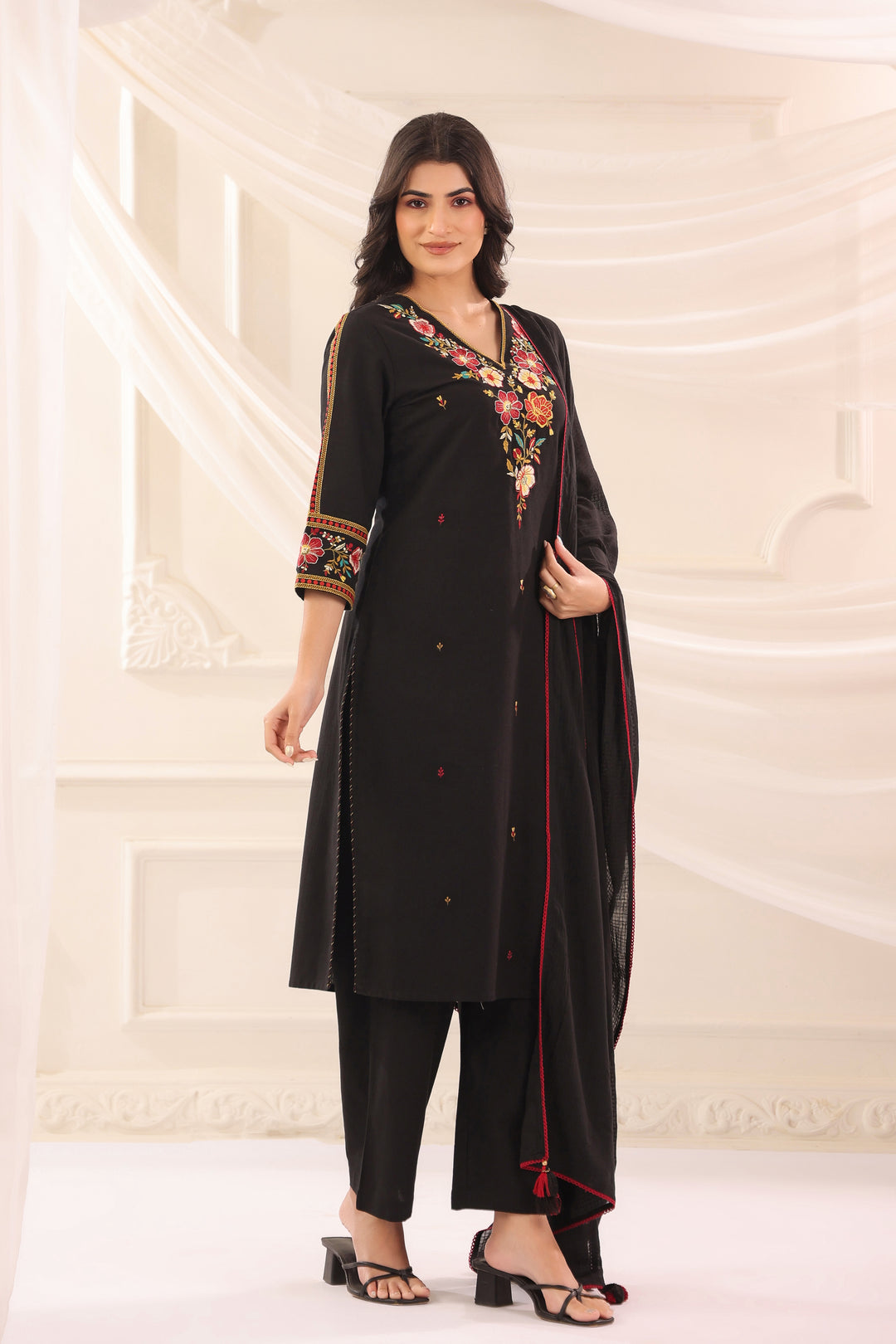 Black Cotton Flex Embroidered Designer Kurta Pant With Dupatta Set