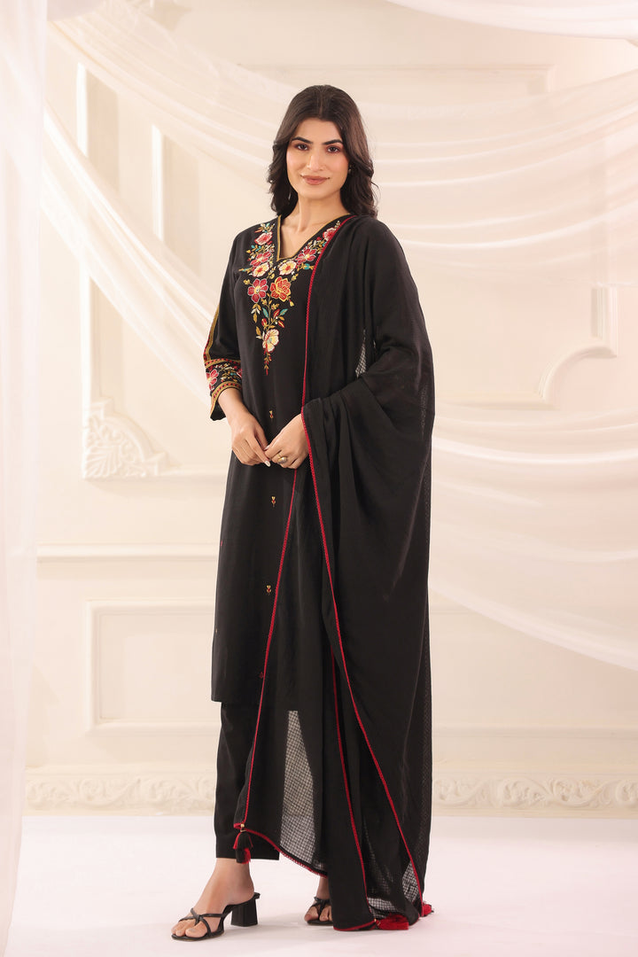 Black Cotton Flex Embroidered Designer Kurta Pant With Dupatta Set