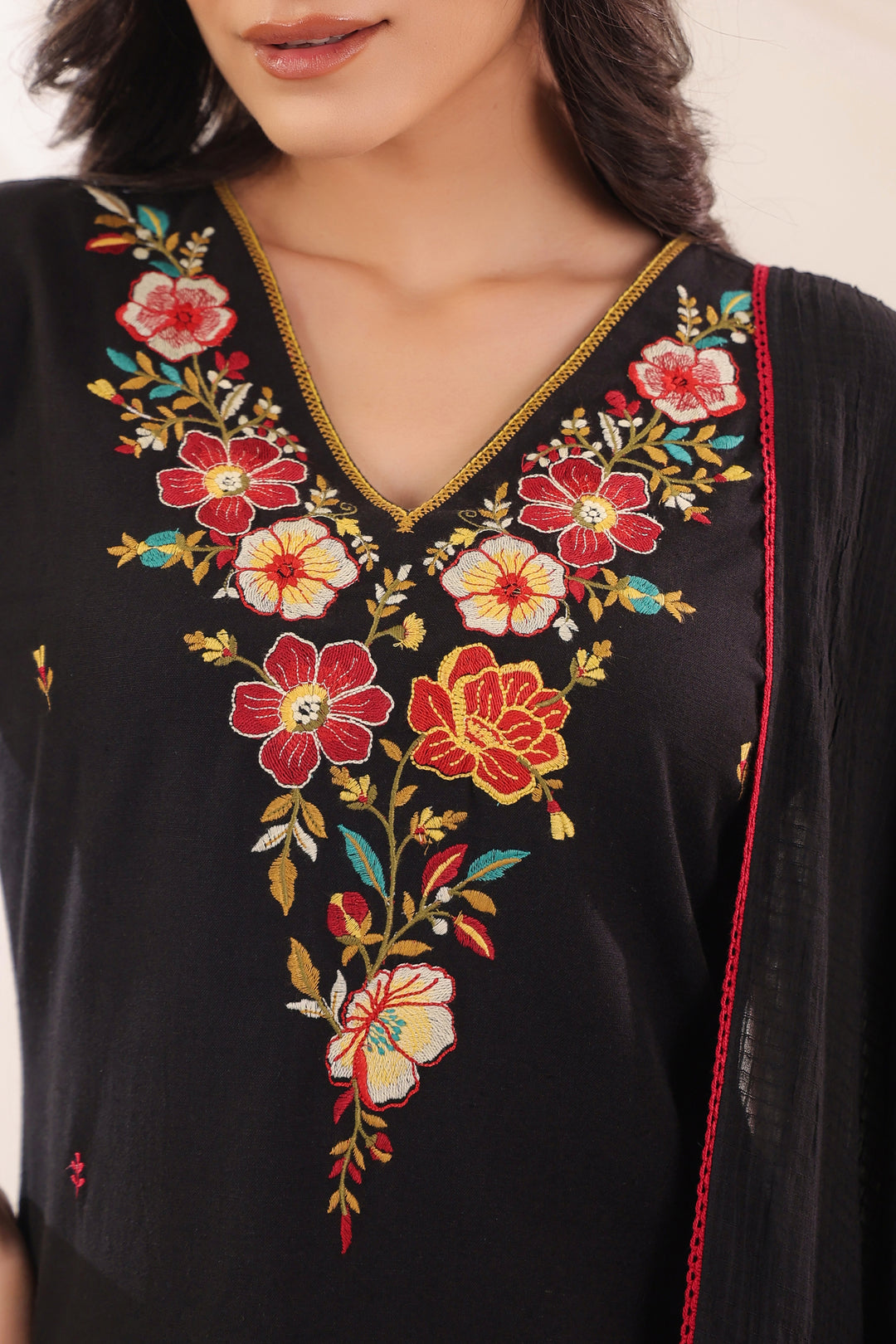 Black Cotton Flex Embroidered Designer Kurta Pant With Dupatta Set